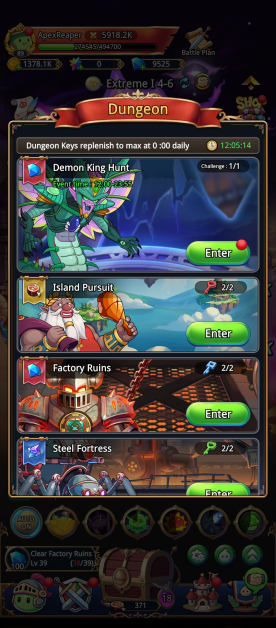 This is a screenshot from a mobile fantasy game showing the "Dungeon" selection screen. At the top, the user's name "ApexReaper" and resource levels are displayed. Four dungeons are listed each with an "Enter" button: "Demon King Hunt" (event time 12:00-23:55, Challenge 1/1), "Island Pursuit" (key 2/2), "Factory Ruins" (key 2/2), and "Steel Fortress" (key 2/2). The screen also displays game resources, a chest containing rewards, and options for automated gameplay.