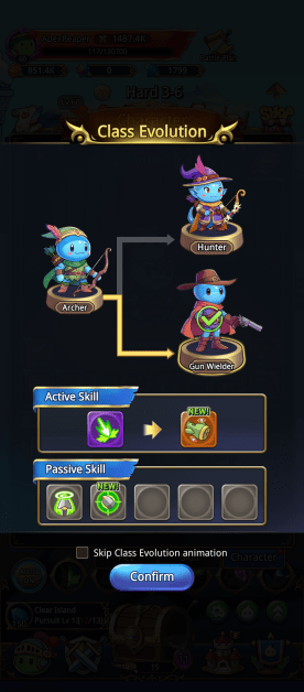 Screenshot of a mobile game screen with a dark background and cartoonish character designs. Centered is a window titled "Class Evolution" with a flowchart style arrangement. "Archer" is positioned on the left, with arrows branching to "Hunter" (top right) and "Gun Wielder" (bottom right). Below is a display of "Active Skill" and "Passive Skill" evolutions represented by icons. Checkbox to skip class evolution animation is at the bottom of the image. "Confirm" button at the bottom ready to proceed the evolution. Player stats, gold and items are displayed at the top of the interface. Bottom of the interface contains typical mobile game navigation/feature buttons.