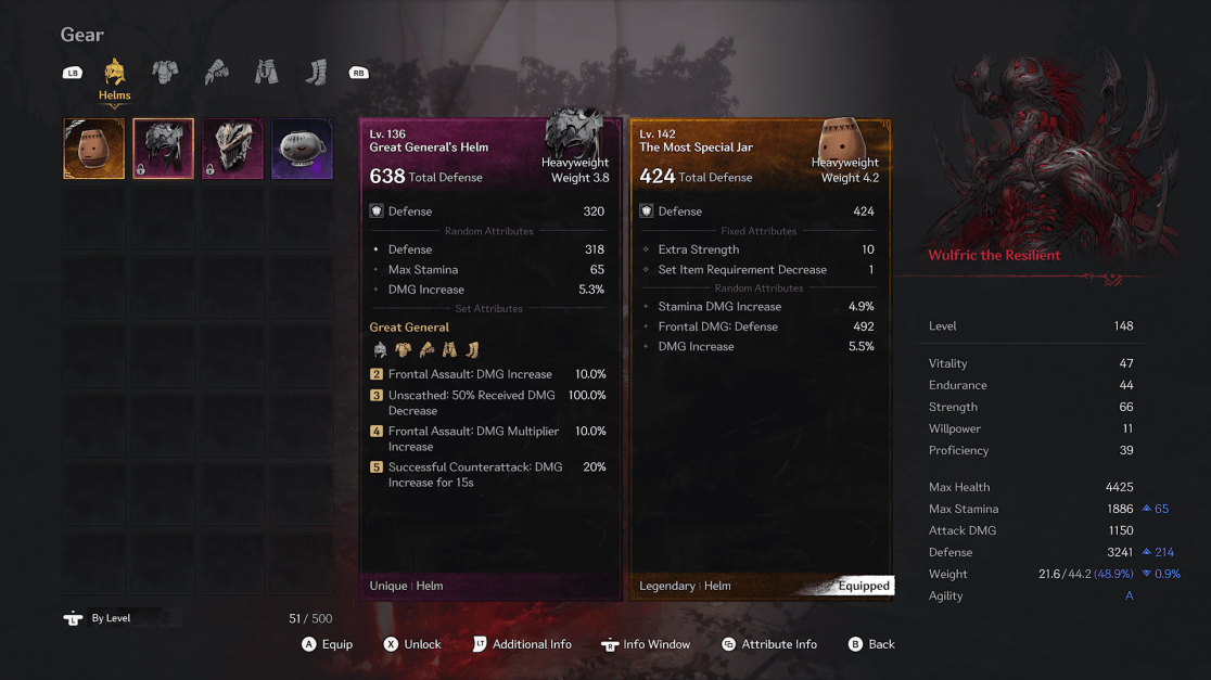 A screen capture of a video game's "Gear" user interface. The "Helms" category is selected in the top navigation. Two items are highlighted side-by-side for comparison: a "Great General's Helm" (level 136, unique) on the left, and "The Most Special Jar" (level 142, legendary) shown as currently equipped. Each item displays its defense rating, weight, and various attribute bonuses. To the right, character stats labeled "Wulfric the Resilient" are listed, including level, vitality, strength, health, attack damage, and agility. Controller button prompts appear at the bottom of the screen for equipping and viewing additional information.