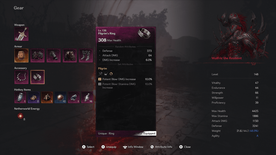 A screenshot from a video game displaying a gear menu with a focus on the "Pilgrim's Ring." The ring's level, max health bonus, and random attributes such as defense, attack damage, and damage increase are listed. Set attributes for "Pilgrim" include bonuses to potent blow damage and stamina damage increase. The menu also shows the character's overall stats, including vitality, endurance, strength, willpower, proficiency, max health, max stamina, attack damage, defense, weight, and agility. The background is a blurred combat scene with an enemy named "Wulfric the Resilient." Hotkey items and Netherworld Energy are displayed at the bottom left. Menu options for equip, unequip, info window, attribute info, selecting, and closing the window are also displayed.