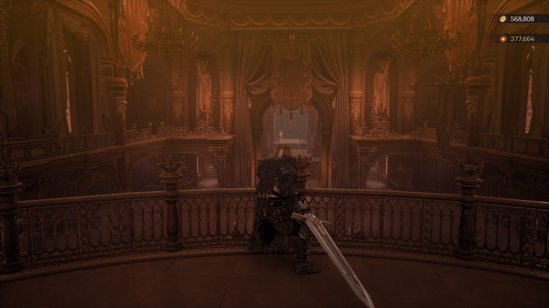A character clad in dark, ornate armor stands on an elaborate, dark-red balcony in a vast, multi-tiered hall. The grand hall features intricate architecture, with numerous levels and balconies adorned with detailed carvings, statues, and chandeliers. Sunlight streams in.