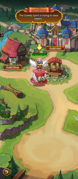 A cartoon-style game map presents a whimsical landscape. Buildings labeled "Guild Shop" and "Guild Hall" are visible. The character "ApexReaper," a winged figure wearing a mask and crown, stands atop a large, red hat with eyes and wings. A text bubble above the character reads, "Guest Visit: The Greedy Spirit is trying to steal sweets..." A winding pathway leads to different locations on the map.