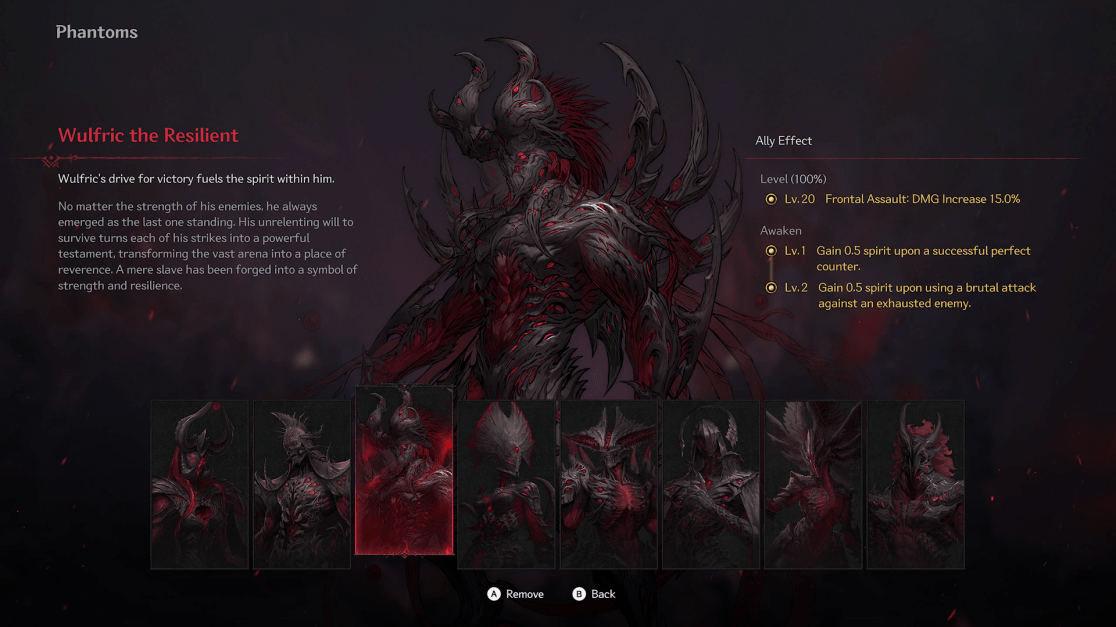 The image shows a character selection screen from the game featuring "Wulfric the Resilient". Wulfric is illustrated as a menacing, horned figure with red accents. Below, there is a written description of its abilities, along with its ally effects increasing damage by 15% upon frontal assault, and spirit rewards for successful counters. Other phantom characters are displayed as selectable options.