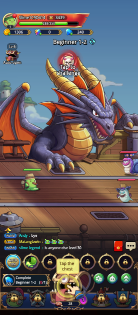 Screenshot from a mobile role-playing game. The player is on "Beginner 1-2" of the game. At the top of the screen are player stats, including "Slime1C9D414" with health as 288/350, 1306 coins, 0 stars, and 240 gems. The primary visual focus is an intimidating gray dragon looming on the screen with the prompt "Tap to challenge." The user interface includes selectable icons at the bottom of the screen and a chat window with messages from other players. A chest icon is highlighted with the instruction, "Tap the chest."