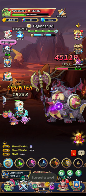 Mobile game interface. The composition is vertically oriented, UI elements frame the screen. The dragon boss on the right has a health meter above. A damage counter is clearly visible. Below this, hero characters in the foreground engage the boss. Various icons and numerical values for player stats and resources are arranged along the top. Action buttons and resource management options at the bottom. The color palette is bright, with vibrant colors for characters and UI elements contrasting with the darker background suggesting a dungeon or lava filled valley. Text elements include player names, level titles, and numeric battle data.