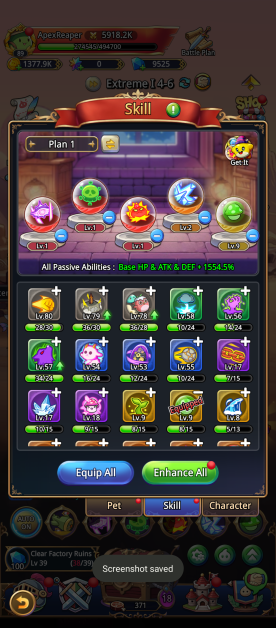 A screenshot of an idle game's skill upgrade screen. At the top are five locked skill orbs. Below, a grid displays various passive abilities represented by icons--fireball, leaf, fist etc.--with levels ranging from 8 to 80 and upgrade costs. Buttons at the bottom read "Equip All" and "Enhance All." Account data at the top shows resources and level. A transient "Screenshot saved" message appears within the main graphical interface.