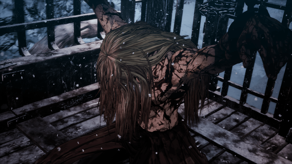 A body chained and bloodied in a cold, bleak environment. The person has long, dirty blonde hair and is wearing dark clothing. Bloodied skin. They are chained in a cage. The ground is made of snow-dusted planks or tiles. The sky is a hazy, muted blue, snowy overcast day. The overall atmosphere is dark, violent, and oppressive.