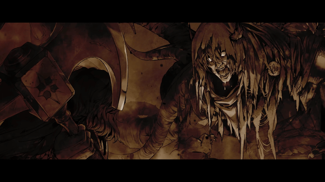 Sepia-toned digital illustration. Close up dramatic composition shows monstrous figure on the right with glowing white eyes, tattered clothing, and open mouth. On the left, the back of a warrior with their axe raised in a threatening pose. Dark, textured background.