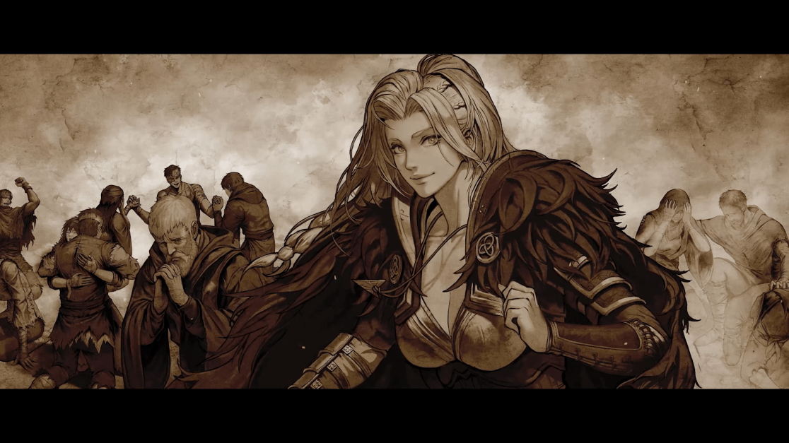Sepia-toned illustration. Center composition features a fair-skinned woman with blonde hair and dark feathered shoulder armor. She is positioned in the foreground with a gentle smile. Blurred, background features figures in distress, creating depth. The background has a rough texture.