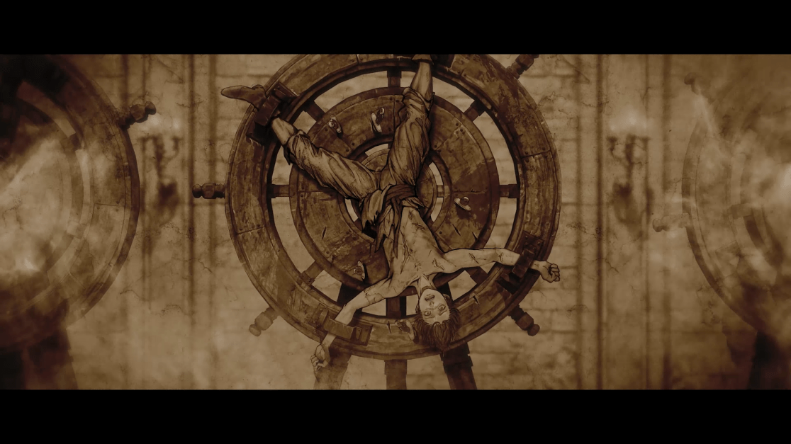 A man is tied upside down on a ship's wheel in a sepia-toned illustration. His arms are stretched out.