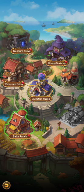 A brightly colored, cartoon-style game map of a village. Key landmarks include the Treasure Trove, a cave-like structure; the Alchemy Workshop, a purple witch's house; the Wonderous Eatery, a cozy restaurant; the Divination House, a central building with an astrological theme; and the Baby Ranch, a farm-like area. The overall environment includes greenery, buildings with red roofs, and a distant body of water.