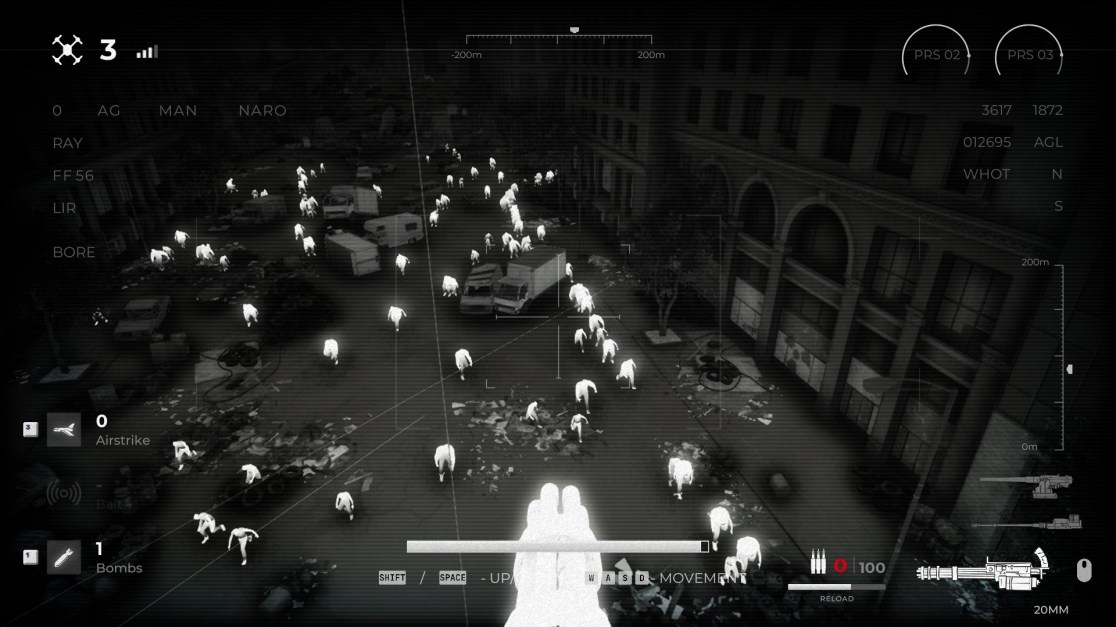 First-person perspective from a drone, surveying a horde of zombies advancing towards a city wall at night. The screen displays a black and white view with HUD elements including weapon selection, ammo count, altitude, and movement controls. The environment shows urban buildings, streets, and abandoned vehicles. The zombies appear as glowing white figures. The drone is equipped with air strike and bombs, displayed in the HUD for the player to use.