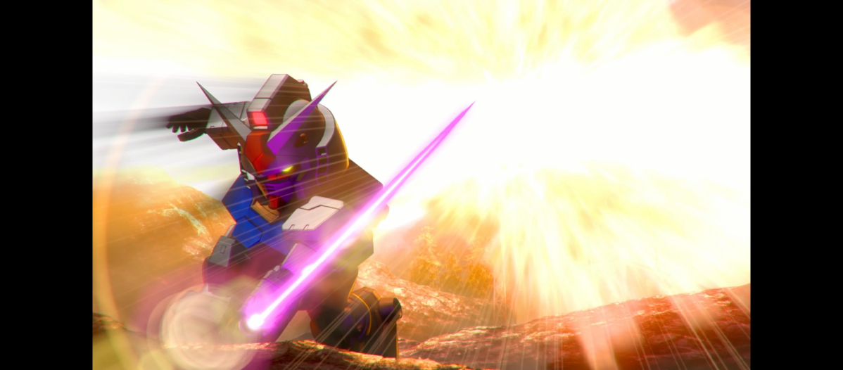 An anime-style robot, a Gundam, is shown in mid-action, holding a lit purple lightsaber blade diagonally across its body. The robot is primarily dark blue, purple, and black, with red accents. It appears to be moving forward, blurred to indicate speed. Behind the Gundam, a bright, explosive yellow-white light fills a large portion of the frame, suggesting an energy blast or explosion. The landscape around the Gundam is rocky and illuminated with warm orange and yellow tones from the light.