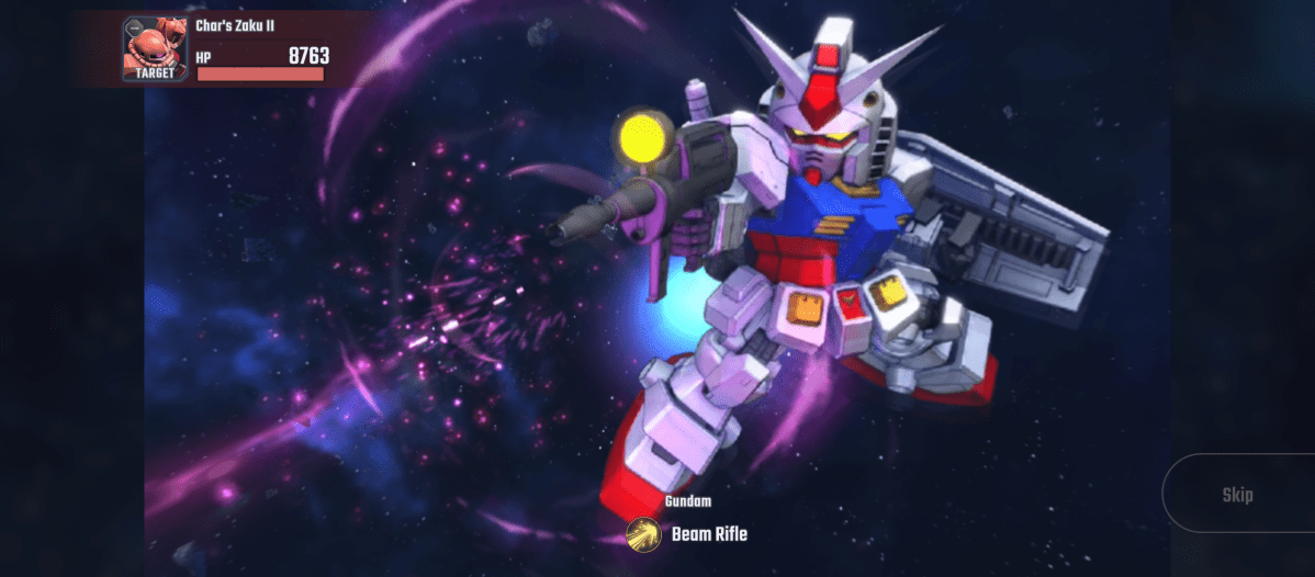 A digital illustration of a Gundam mobile suit floating in space, firing its beam rifle. The background features a dark space scene with purple and pink nebula formations. In the upper left corner, there's a target indicator showing "Char's Zaku II" as the enemy, with 8763 health points remaining. At the bottom, text indicates the selected weapon is the "Beam Rifle". A "Skip" button is on the right side of the frame.