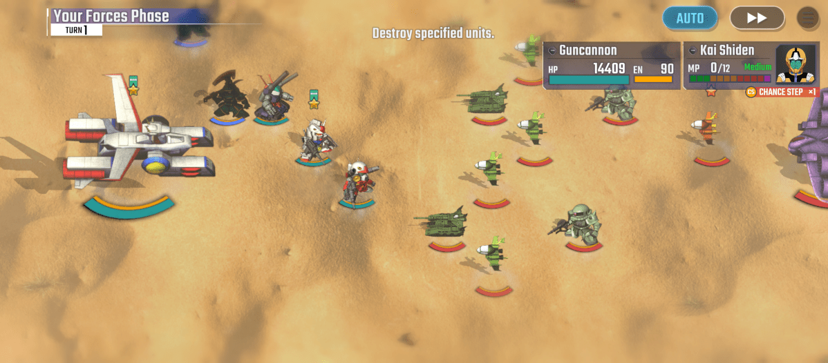 displaying a desert battlefield. The top left indicates "Your Forces Phase, Turn 1". Several anime-style military units, including aircraft and mechs, are positioned on the sand-colored terrain. Objectives displayed on the top of the screen instruct you to "Destroy specified units." Unit stats with names like "Gun Cannon and Kai Shiden" are labeled with HP and MP.