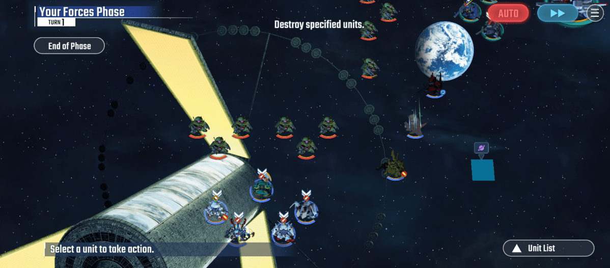 The player is in "Your Forces Phase," turn 1. The objective is to "Destroy specified units." The game board is a starfield with various robotic units positioned relative to a space station structure on the lower left and the planet Earth at the upper right. An "End of Phase" button is visible. The bottom of the screen displays the prompt "Select a unit to take action" and also include "Unit List" button. The screen also contains a button labeled as "AUTO."