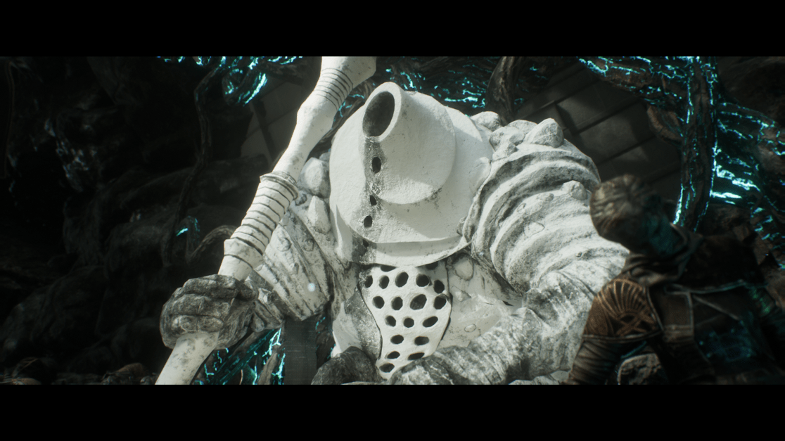 Low-angle shot of a digital rendering in a cavern with bioluminescent blue details. A large, ancient golem composed of grey stone with weathered textures is positioned to the left. The golem has a smooth, cylindrical cannon-like head with a prominent central opening and a series of smaller holes running downwards. Its body is clad in worn stone armor, particularly a perforated chest plate.