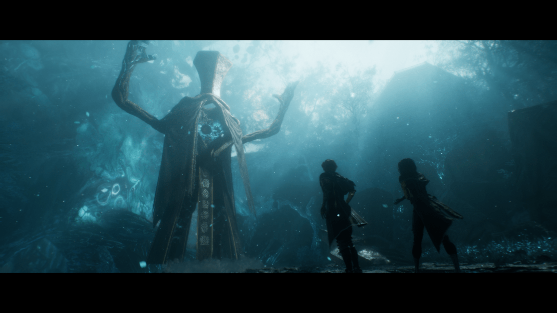 In a hazy, blue-toned forest, two cloaked figures stand in awe before a colossal, robed statue. The enemy is ancient and towering, appearing to be made of twisted wood with a strange symbol adorning its chest. The scene is mystical and perhaps ominous, with a dense fog shrouding the background.