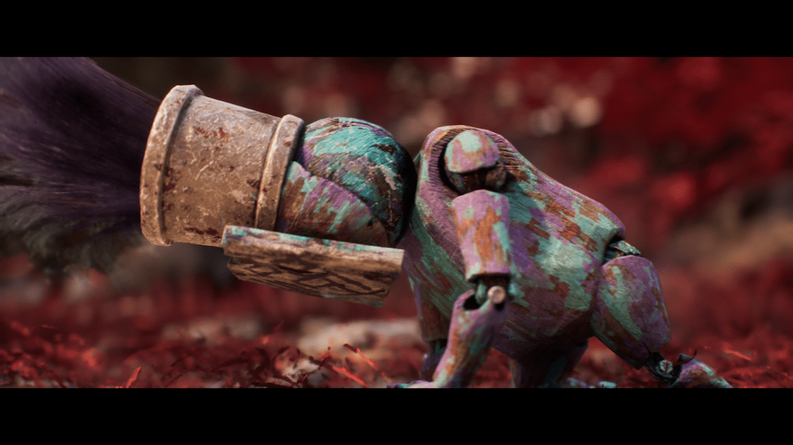 A close-up shows a mottled, turquoise, purple, and brown robot face-to-face with a cylindrical object of similar color. The object has a metallic band around it and emits a puff of purple smoke from the back. The background is a blurry abstract of deep red. The robot and object appear weathered and textured