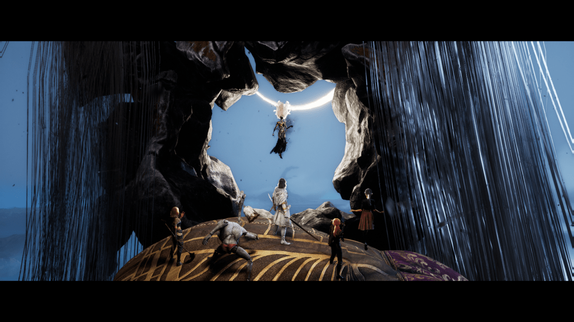 A fantasy scene depicts a group of warriors on a circular platform with a gold and purple patterned ground. Above them, framed by a dark, rocky archway, a figure in dark clothing falls towards the warriors from a brilliant glowing ring in the sky. Blue sky is visible through the top of the arch with water streams visible alongside the arch.