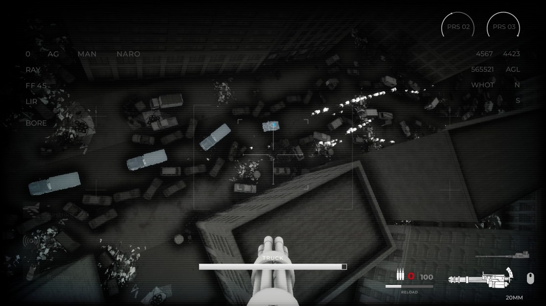 A player-controlled drone view from a video game showing a convoy under attack by zombies in a ruined cityscape. The thermal imaging displays the surroundings. Multiple vehicles are scattered around. A first-person perspective shows a weapon with ammo and reload indicators. The drone’s targeting reticle is focused on an area with many zombies. Game HUD elements provide tactical information.