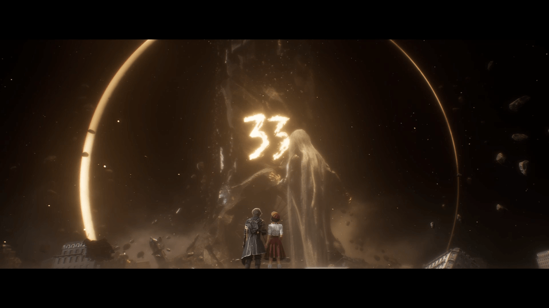 A cinematic image shows a male character in a long dark coat and a female character in a red skirt, viewed from behind, standing in the ruins of a city. They are gazing up at a colossal, spectral figure that dominates the scene. Floating above the figure are the glowing number "33." The setting is dark and dusty, with building fragments scattered around, and the overall effect suggests a post-apocalyptic or fantastical environment, accentuated by an ethereal golden glow around the figure. The background features celestial elements, suggesting a cosmic scale.