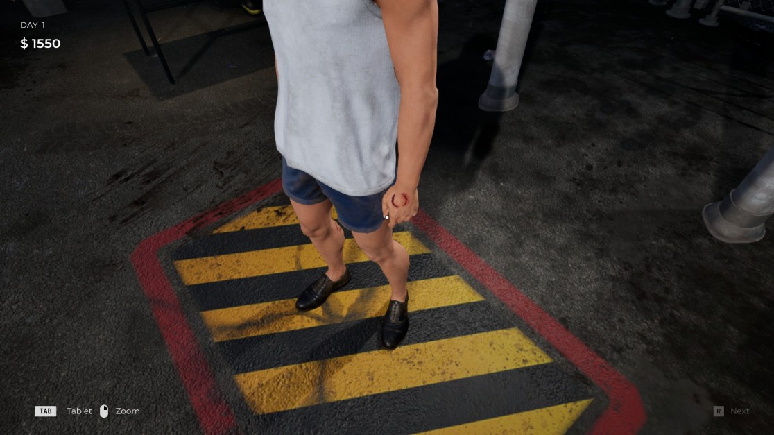 view of a standing man, wearing a light gray t-shirt and dark blue shorts, black shoes, while standing on a yellow-and-black striped safety zone, framed with a red border. He has bite mark on his left hand. Faded text in the upper-left-hand corner indicates "Day 1" and "$1550". The background is a dark, textured surface. In the lower-left-hand corner, the text "TAB", "Tablet", and "Zoom". In the lower-right-hand corner, the text "R" and "Next" is displayed.