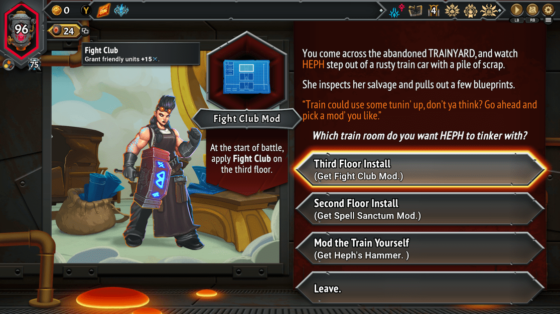 Screenshot from a turn-based strategy video game showing the character "Heph" offering train modifications. The player is presented with options to install mods on different floors (Third, Second) or to modify the train themselves. Heph is shown standing next to piles of scrap, holding a large hammer, with a dialogue box explaining the situation.