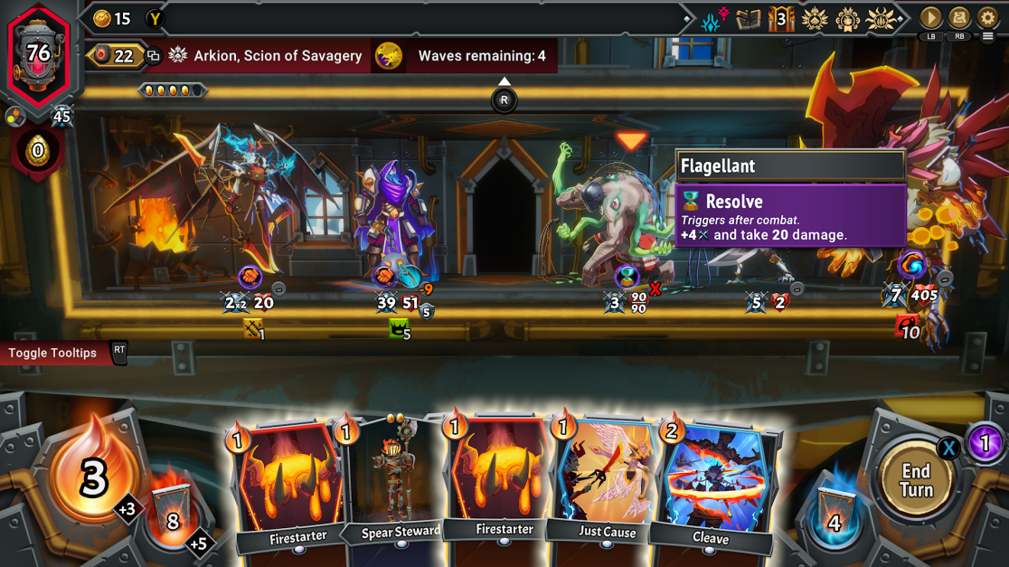 A screenshot from a card-based strategy game. The player character, Arkion, Scion of Savagery, is engaged in combat with multiple fantasy creatures. The screen displays game elements like health, resources, and available card actions like 'Firestarter' and 'Cleave'. 'Flagellant' is highlighted with stats. 'Waves Remaining: 4' is visible. It appears the player is in the midst of a turn and can choose to "End Turn."