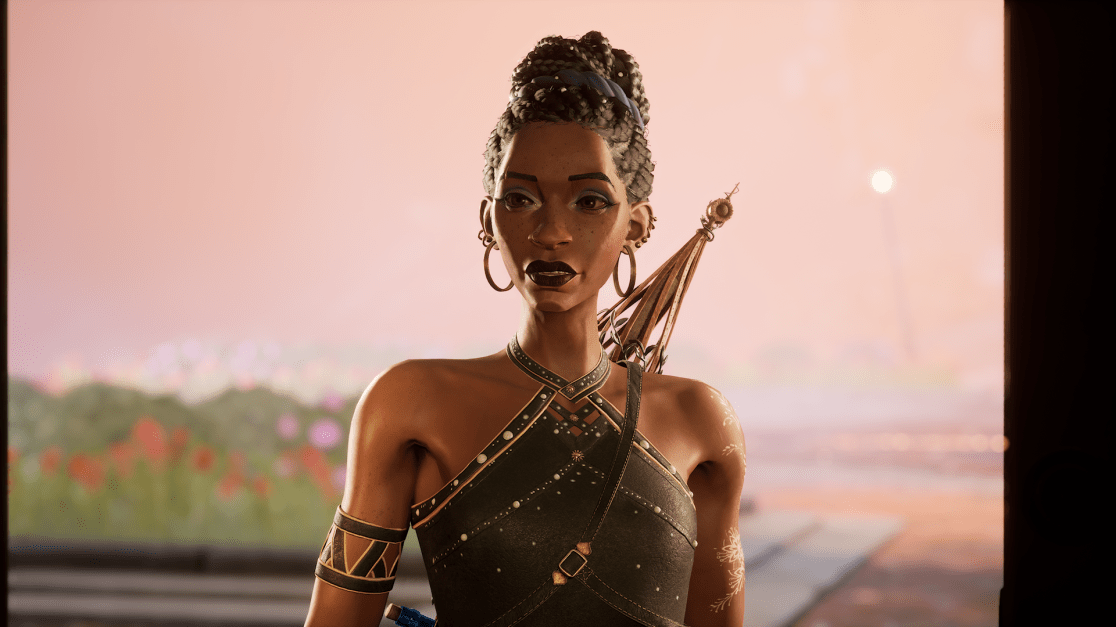 A fantasy-style character stands outdoors in a lush, flower-filled setting. They wear a dark, intricately patterned outfit with gold accents and a matching armband. The background is softly blurred, emphasizing the greenery and floral elements, while the character’s ornate clothing and accessories evoke a historical or fantasy theme.