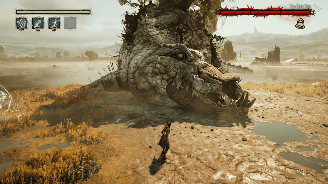 Gameplay scene from South of Midnight featuring a player character confronting a massive, decaying crocodile-like monster with vegetation growing from its back. The creature lies in a swampy environment with misty mountains and trees in the background. On-screen UI displays health bars and ability prompts, highlighting action-adventure mechanics and Southern Gothic atmosphere.