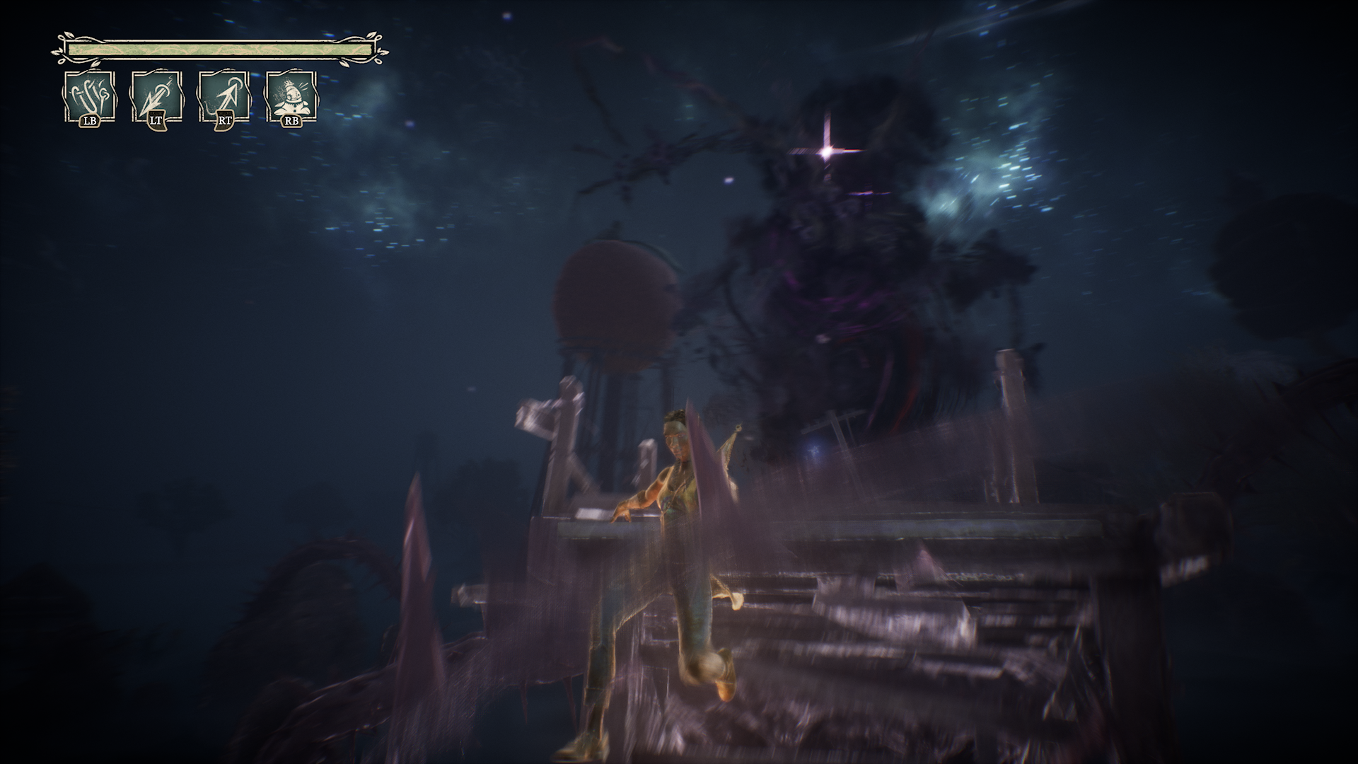 Gameplay screenshot from South of Midnight showing a player character standing on a wooden platform beneath a star-filled, mystical sky. A towering, shadowy creature looms in the background, creating a dramatic and ominous atmosphere. On-screen UI displays ability controls (LB, LT, RT, RB), emphasizing the game’s action-adventure mechanics and supernatural Southern Gothic setting.