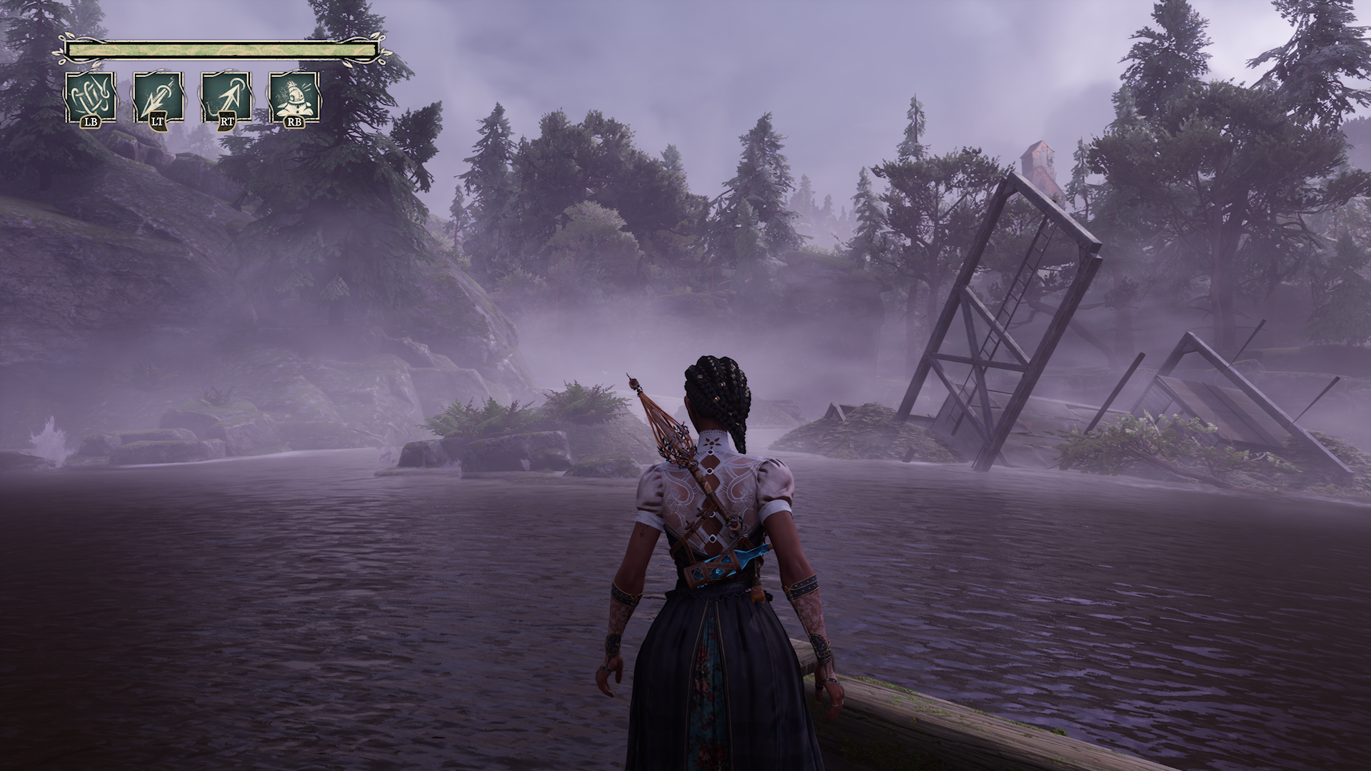 Gameplay screenshot from South of Midnight showing a player character standing in shallow water, facing a misty forest with partially submerged ruins. The character, seen from behind,
wearing detailed adventure gear. On-screen UI displays ability controls (LB, LT, RT, RB), highlighting action-adventure mechanics and atmospheric exploration in a Southern Gothic setting.