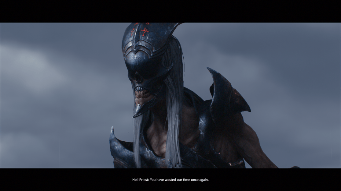 The image features a menacing character identified as a Hell Priest. The Hell Priest has a skull-like face with glowing, obscured eye sockets, a visible row of sharp teeth, and pale, long hair. The Priest wears an ornate metal helmet adorned with red markings. Spiked armour adorns his shoulders and chest. Below the character is the text "Hell Priest: You have wasted our time once again." He is set against a blurred, overcast sky. The overall tone of the image is dark and foreboding.