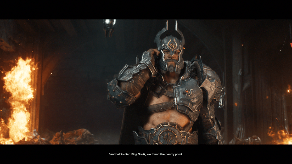 The image shows King Novik, a character from the video game Doom Eternal. He is facing forward, wearing an elaborate suit of gray and gold armor, and has a beard and a stern expression. He appears to be using some kind of communication device on the side of his head. In the background, there are flames burning near a pile of bodies. The lighting is dramatic, with shadows adding to the intense atmosphere. In the lower part of the image is a caption that reads 'Sentinel Soldier: King Novik, we found their entry point.'