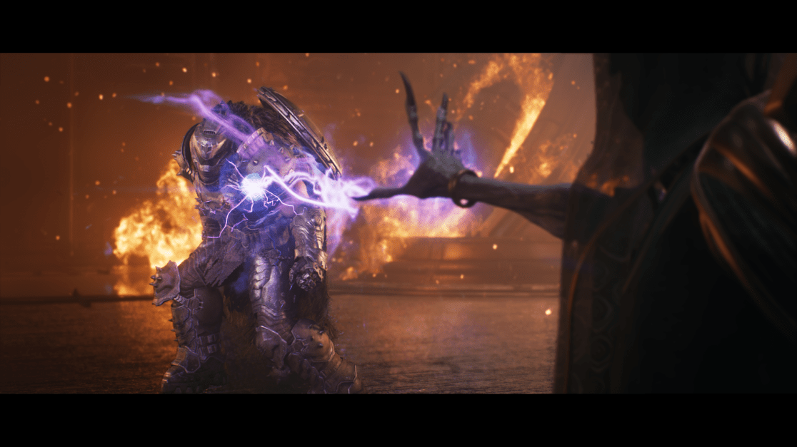 The image depicts a dramatic scene, likely from a fantasy setting. A heavily armored warrior is shown in a defensive stance, taking impact from bolts of purple lightning. The lightning originates from the outstretched, skeletal hand of another figure partially visible on the right side, with long, sharp nails. The background is filled with fire and an apocalyptic ambience, creating a sense of urgent conflict and high stakes.