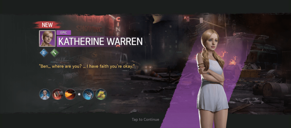 A promotional screen from a video game featuring the character Katherine Warren. The game interface displays "NEW" and "EPIC" banners above "KATHERINE WARREN" in white text on a purple background.  A character portrait of Katherine with blonde hair and a white outfit is on the right side. The background is a post-apocalyptic cityscape and text reads "Tap to Continue".
