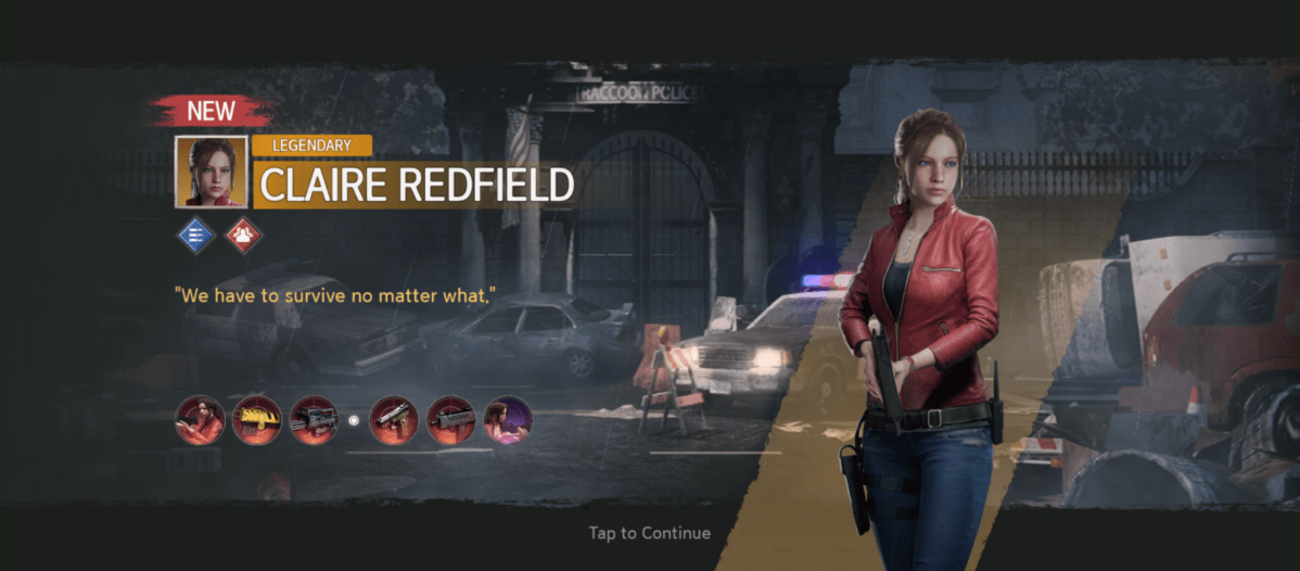 A promotional image for a game featuring Claire Redfield from the Resident Evil franchise. The image displays a stylized Claire in a red leather jacket and jeans, holding a handgun. She stands in front of a dilapidated police station with "Raccoon Police" signage visible. The screen features a "NEW" and "LEGENDARY" indicator for her character, with associated icons and a quote "We have to survive no matter what." There is a tap to continue prompt at the bottom.
