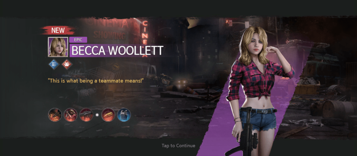 A promotional image for a game featuring the new "Epic" character, Becca Woollett, in a post-apocalyptic setting. The character is depicted as a young woman with blonde hair, wearing a tied red plaid shirt and denim shorts, holding a submachine gun. Text indicates the character is new and features the tagline, "This is what being a teammate means!" and icons of weapons and ammunition. The background displays a cityscape with a "Cinema" sign.
