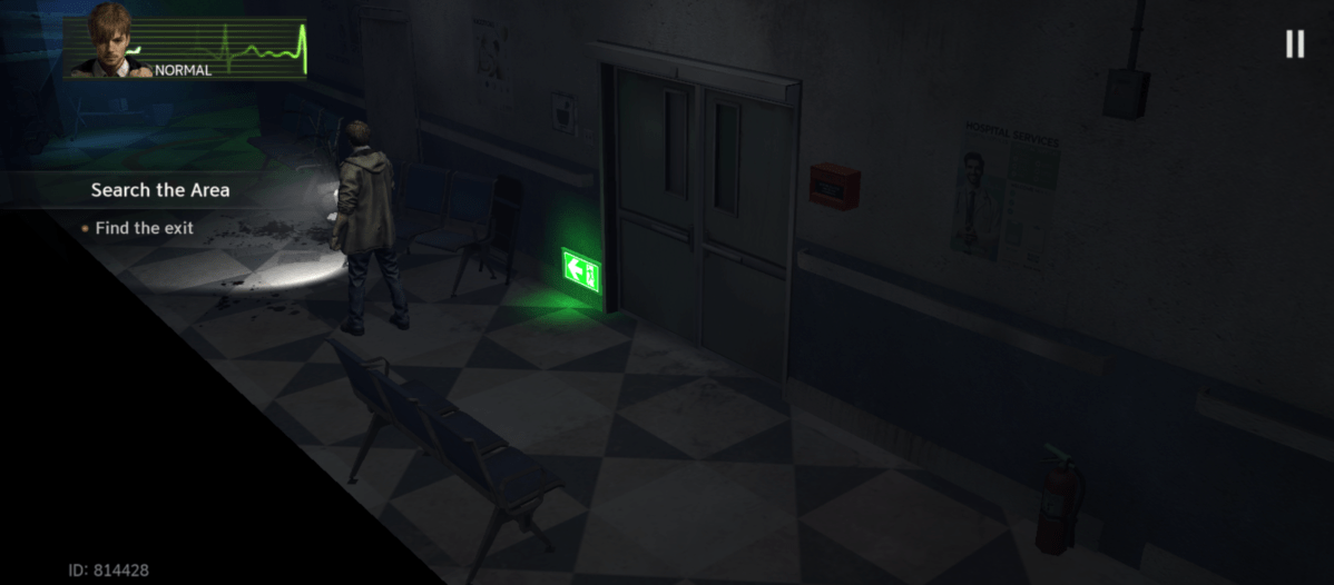 A scene from a survival horror game with a male character in a dimly lit hospital hallway. He stands near the exit, indicated by a green illuminated arrow, the game interface showing a health meter and the objective, "Find the exit".
