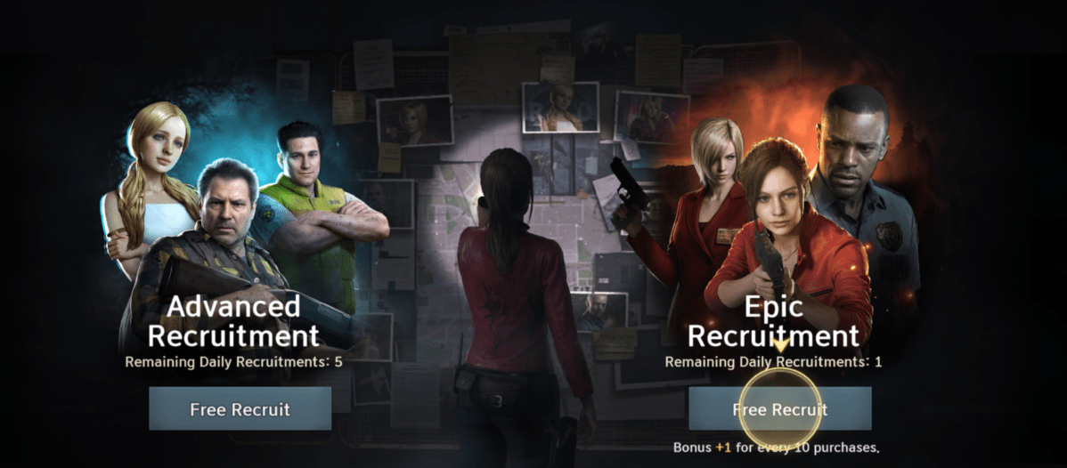 Promotional image for the mobile game, Resident Evil: showcasing two recruitment options. Advanced Recruitment on the left, displaying characters, includes a "Free Recruit" button and indicates 5 daily recruitments remaining. Epic Recruitment is on the right, featuring other characters, with a "Free Recruit" button and 1 daily recruitment remaining, plus a bonus offer.
