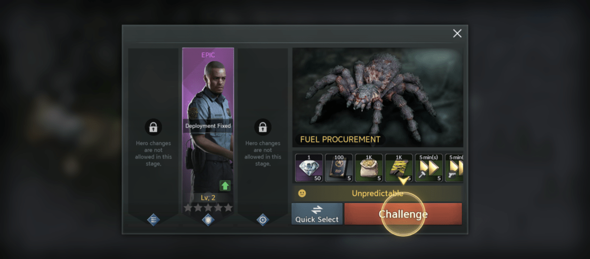 Mobile game interface showing an "Epic" level character portrait on the left, a giant spider in the center, and reward options for a "Fuel Procurement" challenge, including diamonds, experience points, and resources; a "Challenge" button is highlighted at the bottom right.
