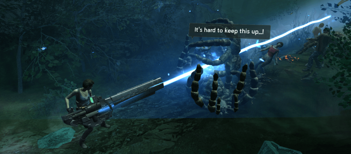 A woman holding a large futuristic energy weapon fires a blue beam at a large, gnarled, shadowy creature in a forest setting; the creature is surrounded by zombies; a speech bubble above the creature reads "It's hard to keep this up...!"; the scene is dark with blue glowing light effects.

