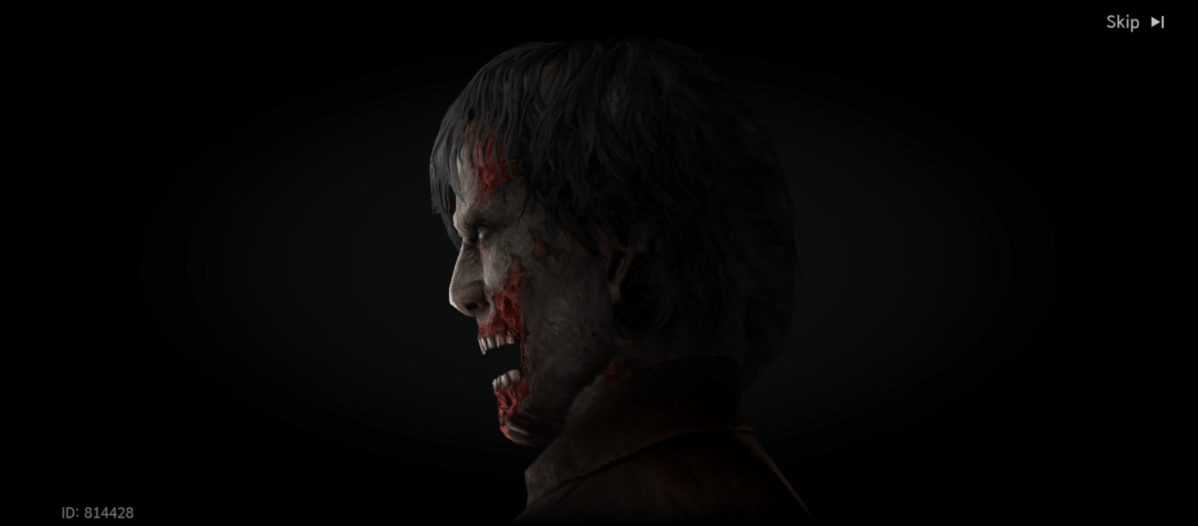 A CGI zombie's head in profile, against a black background. The zombie has pale skin, bloodstains, a snarling mouth showing teeth, and dark hair. The image has a "Skip" button in the top right.
