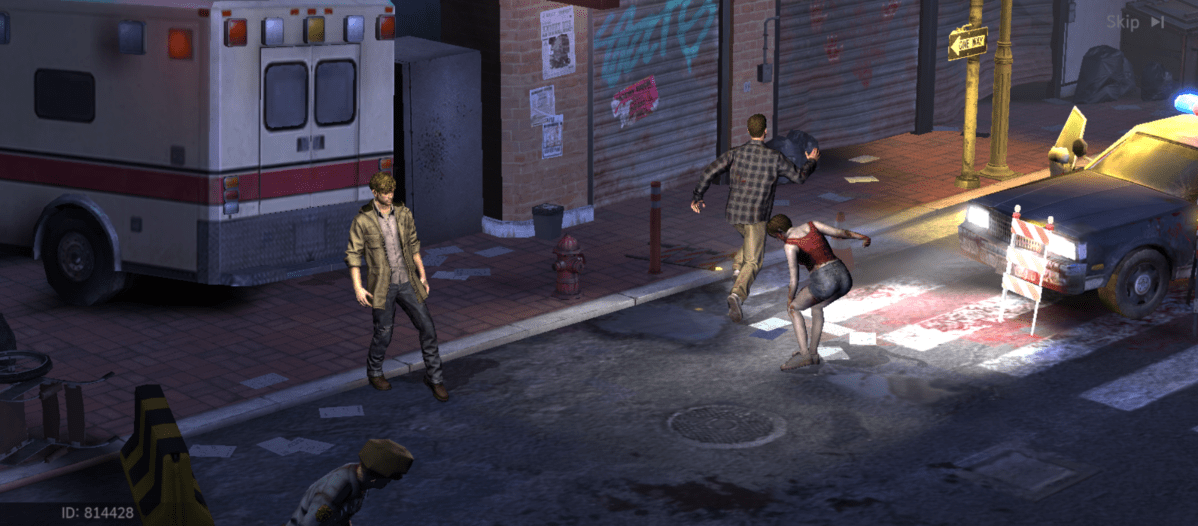 A post-apocalyptic scene showing a city street with an ambulance, police car, and several people, including a man standing and two running away from a zombie kneeling on the pavement. The street is stained with blood.
