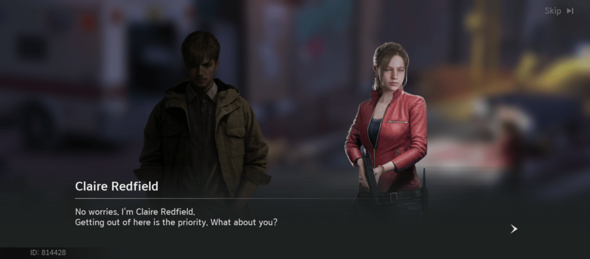 Claire Redfield, in a red leather jacket, talking in a cutscene from a Resident Evil game, with a man standing to her left in a jacket, with the text "Claire Redfield: No worries, I'm Claire Redfield. Getting out of here is the priority. What about you?" overlayed.
