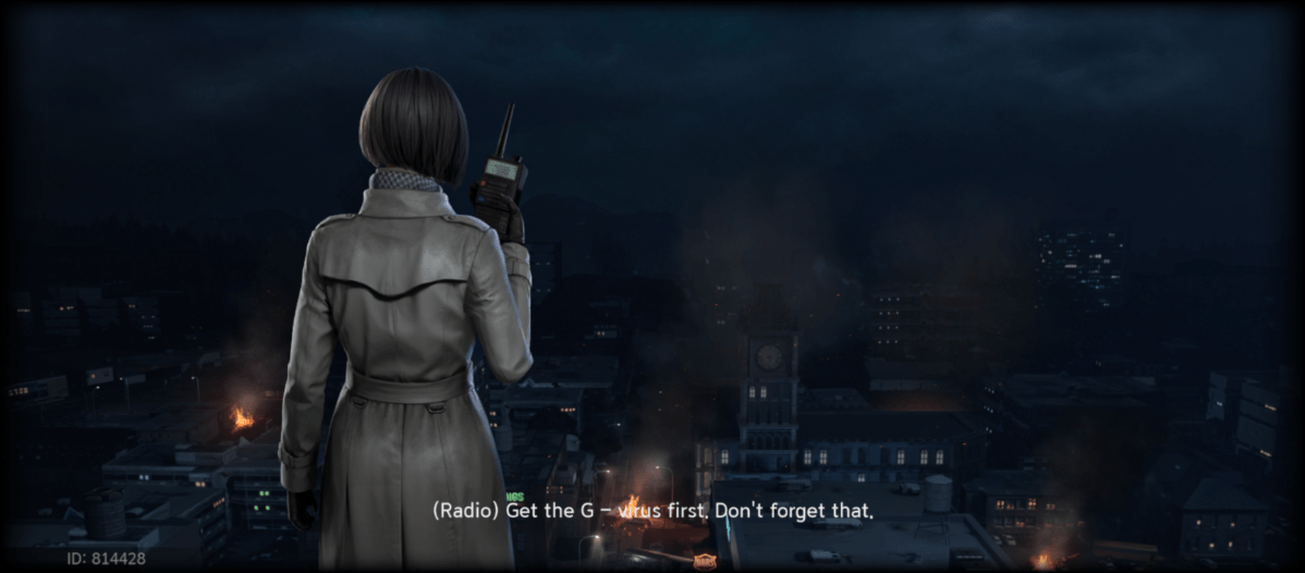 A woman in a gray trench coat stands on a rooftop overlooking a burning city at night, holding a radio; text on the screen indicates she is receiving a message about getting the "G - virus".
