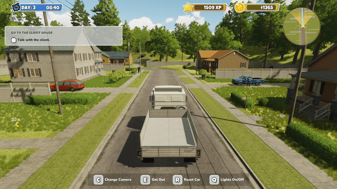Screenshot from a video game showing a white flatbed truck driving down a suburban street on a sunny day. A dialogue box instructs the player to "Go to the client house" and "Talk with the client." In the background, there are houses, trees, and other vehicles.  Interface elements at the top display the in-game time, experience points, and money.
