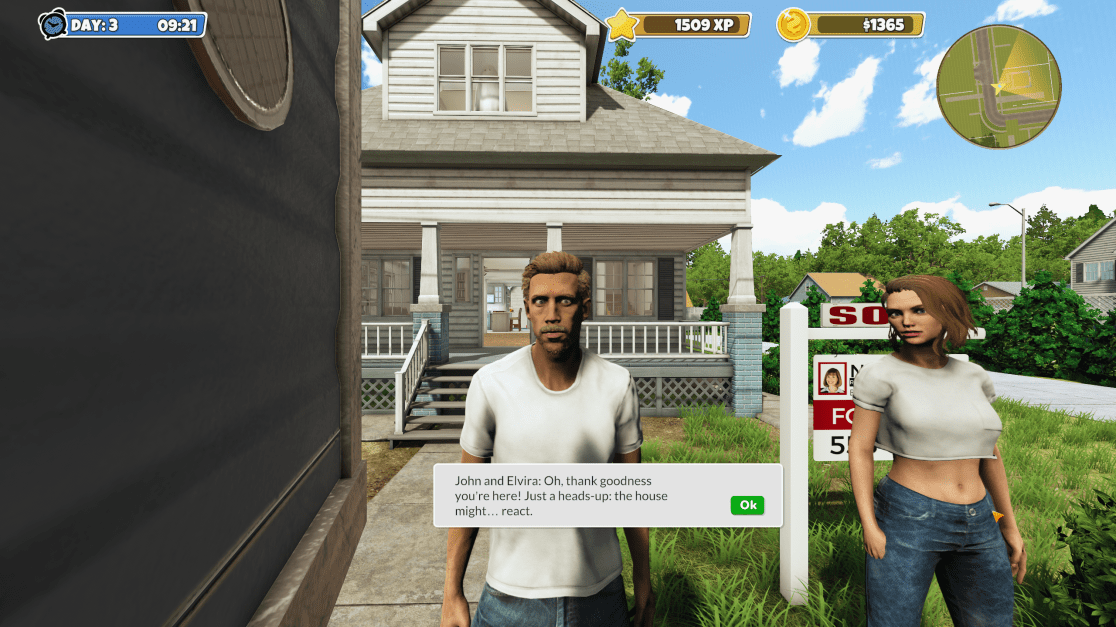 Screenshot from a video game showing two characters standing in front of a house for sale; a man in a white t-shirt and jeans addresses the player, a woman stands near a "For Sale" sign and has a dialog box visible that says "John and Elvira: Oh, thank goodness you're here! Just a heads-up: the house might... react."
