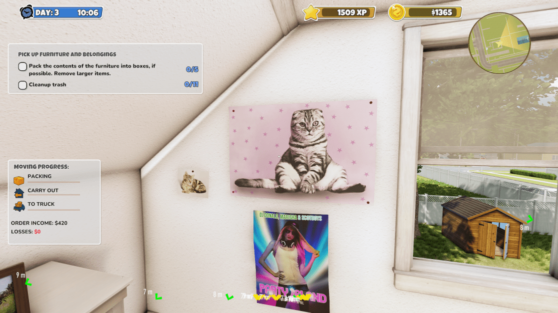 A first-person perspective in a video game scene showing the interior of a room, for a moving simulator game. On the wall, there are three pictures: a framed poster of a seated cat on a pink background, a smaller framed picture of a cat, and a framed poster of "Party Island." A window looks out to a grassy yard with a wooden shed. In the upper left is an in-game timer, day, and task checklist, along with information on progress and order income.
